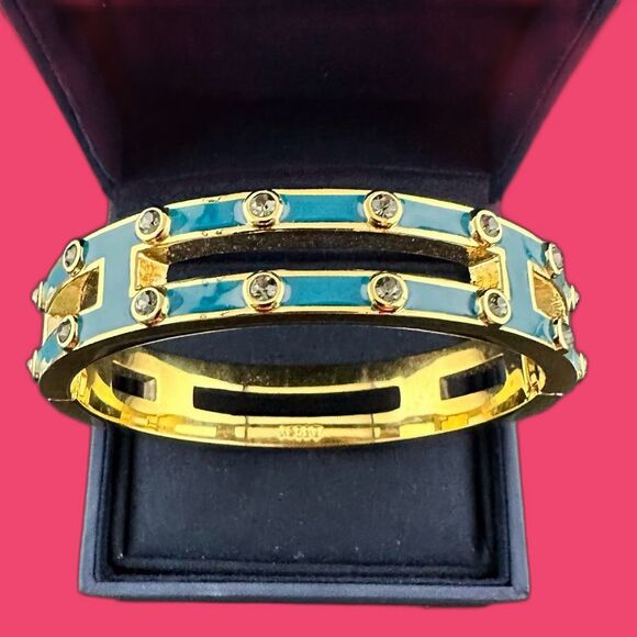 J. CREW Teal blue green Enamel with crystals hinge cuff gold tone 6.75 - Picture 5 of 5